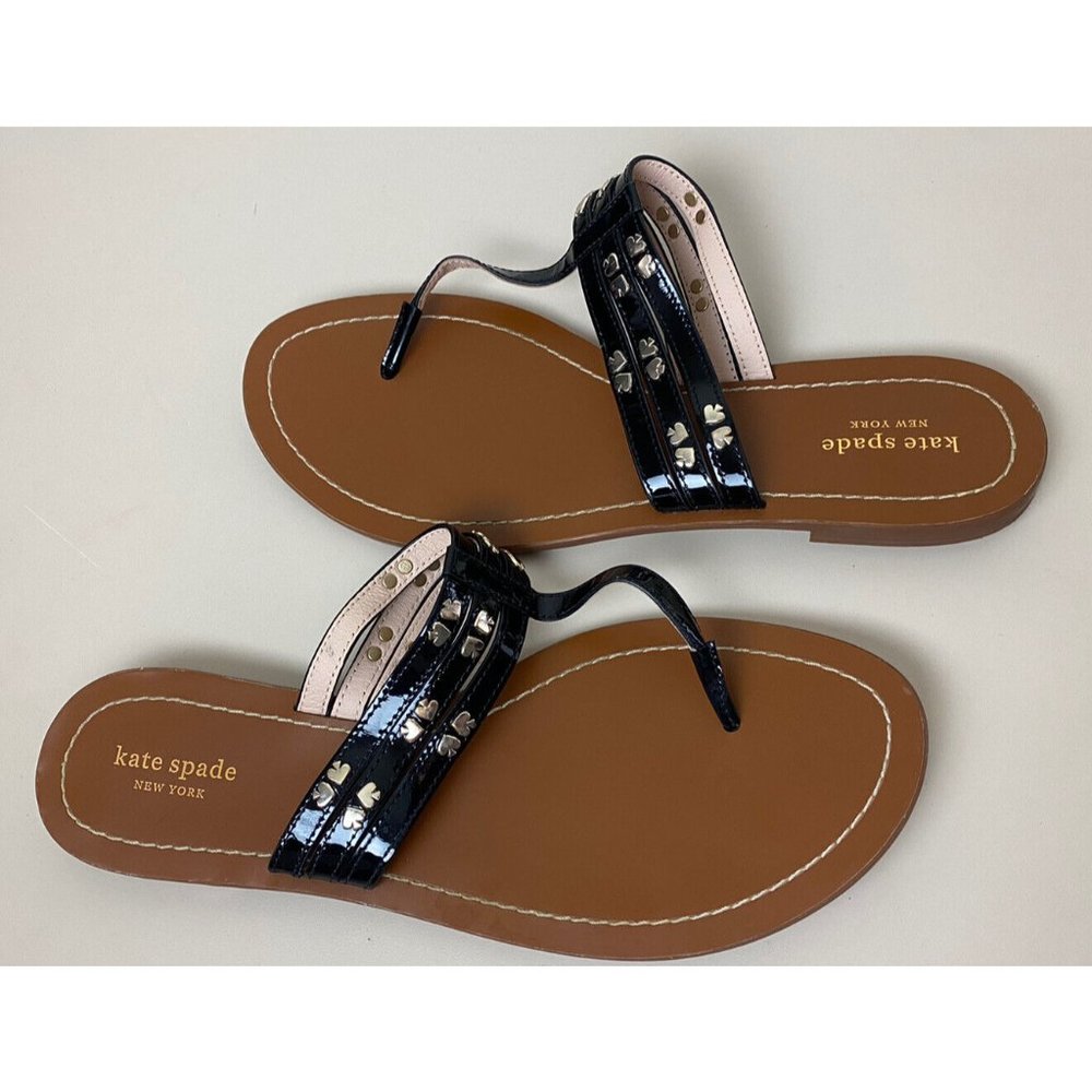 Kate Spade New York Size 11 Carol Sandal Black Patent Leather Embellished Thong